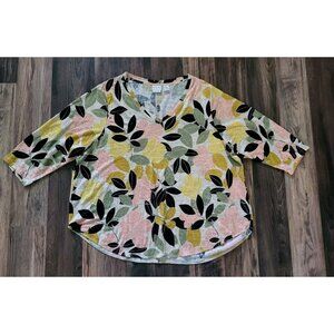 Rachel Zoe 100% Linen Floral  3/4 Sleeve V Neck Top Sz 3X